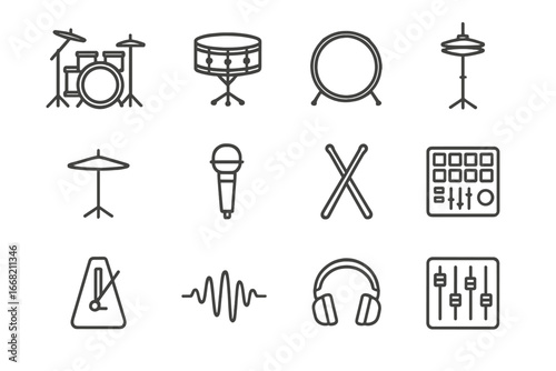 Drum Recording Icons. Outline icon set of drum recording: drum kit, snare drum, bass drum, hi-hat, cymbal,