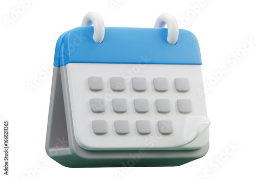 3D Rendered Calendar Icon with Blue Top and White Pages Isolated on Transparent Background
