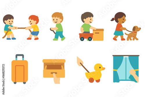 Children's Pulling Icons. Flat vector mini-illustrations The force of pulling in colors children's