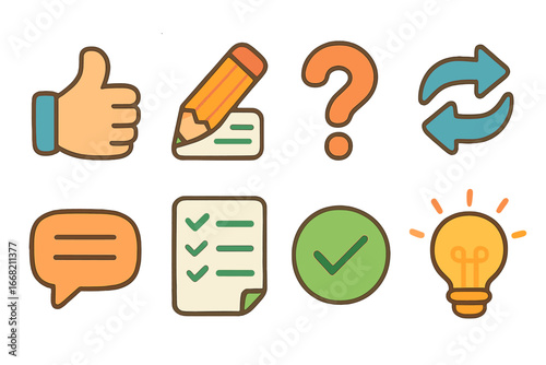 Children's Review Icons. Flat vector mini-illustrations Content review and feedback in colors children's