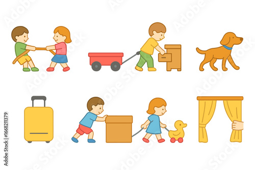 Children's Pulling Icons. Flat vector mini-illustrations The force of pulling in colors children's
