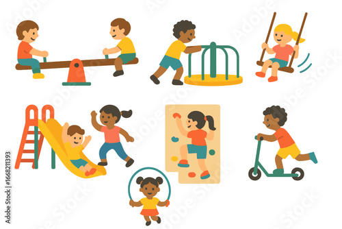 Playground Fun Icons. Flat vector mini-illustrations Playground forces in colors children's illustrations: