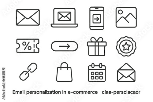 E-commerce Icon Grid. Outline icon set of email personalization in e-commerce: envelope, laptop, mobile phone,