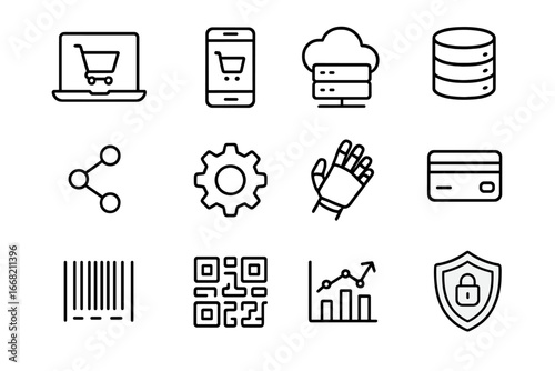 E-commerce Technology Icons. Outline icon set of e-commerce technology: laptop, mobile app, cloud server,