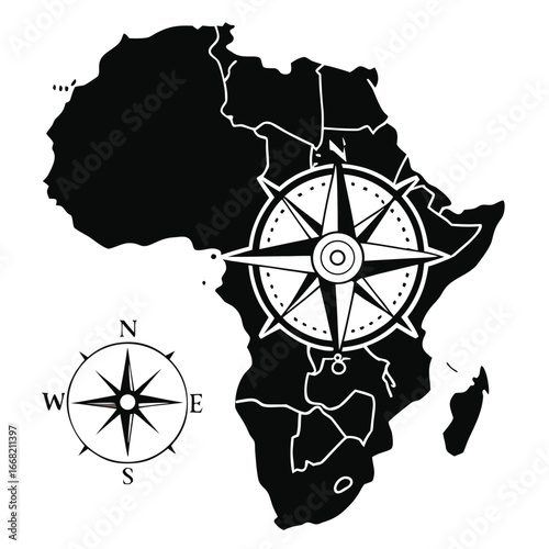 Ancient map with compass silhouette