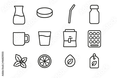 Eco Drink Icon Set. Outline icon set of eco-friendly drink serving: glass water carafe, bamboo lid, cork