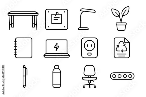 Eco Home Office Icons. Outline icon set of eco-friendly home office: bamboo desk, cork board, LED desk lamp,