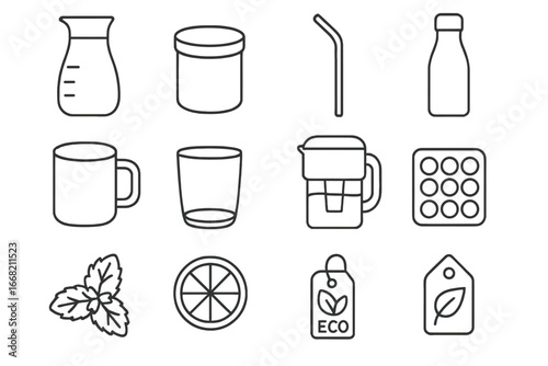 Eco Drink Icon Set. Outline icon set of eco-friendly drink serving: glass water carafe, bamboo lid, cork