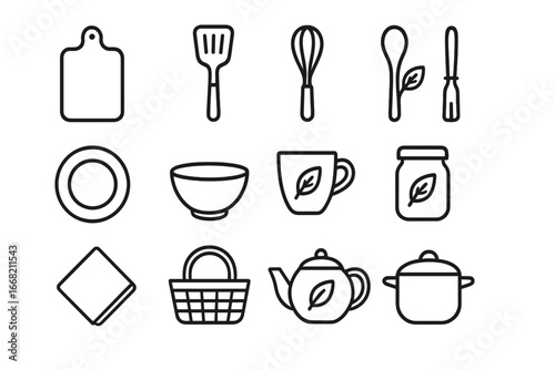 Eco Kitchenware Icons. Outline icon set of eco kitchenware trade: cutting board, spatula, whisk, bamboo spoon,