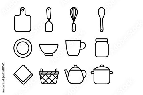 Eco Kitchenware Icons. Outline icon set of eco kitchenware trade: cutting board, spatula, whisk, bamboo spoon,