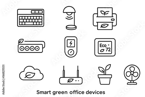 Eco Office Devices. Outline icon set of smart green office devices: solar keyboard, motion-sensor LED lamp,