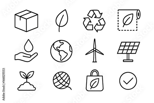 Eco Packaging Icons. Outline icon set of eco packaging icons: cardboard box, leaf, recycled symbol,