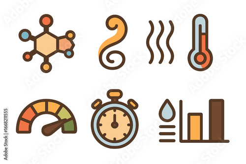 Coffee Chemistry Icons. Flat vector mini-illustrations Coffee chemistry in colors children's illustrations: