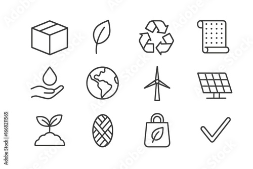 Eco Packaging Icons. Outline icon set of eco packaging icons: cardboard box, leaf, recycled symbol,