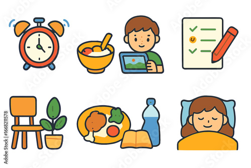 Children's Daily Routine Icons. Flat vector mini-illustrations Daily productivity routine in colors children's