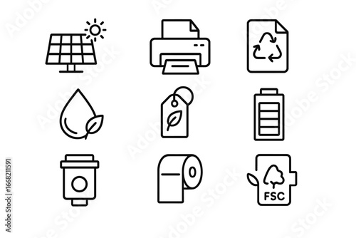 Eco Printing Icons. Outline icon set of solar-powered printing: solar panel, printer, recycled paper, soy ink,
