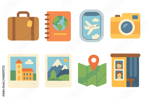 Travel Memory Icons. Flat vector mini-illustrations Travel and photography memories in colors children's