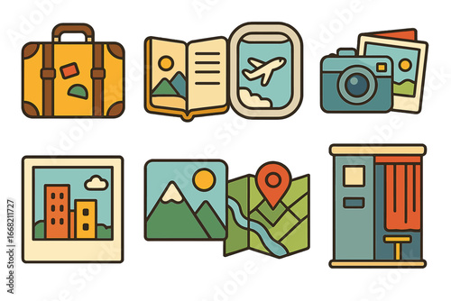 Travel Memory Icons. Flat vector mini-illustrations Travel and photography memories in colors children's