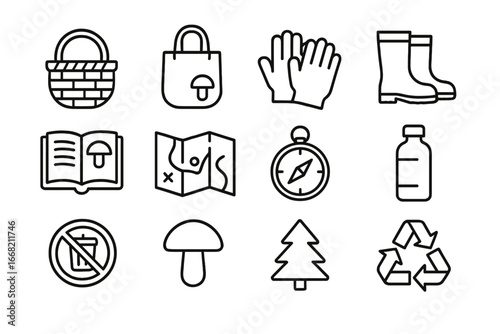 Eco-Friendly Foraging Icons. Outline icon set of eco-friendly mushroom foraging: reusable basket, cloth bag,
