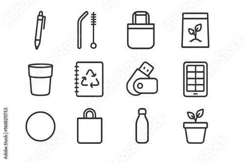 Eco-Friendly Gift Icons. Outline icon set of eco-friendly corporate gifts: bamboo pen, reusable straw, cotton