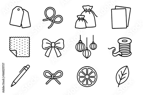 Eco-Friendly Packaging Icons. Outline icon set of sustainable holiday packaging accessories: wooden tags, hemp
