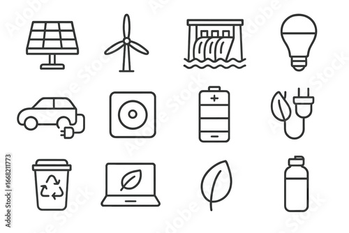 Eco-Friendly Tech Icons. Outline icon set of eco-friendly tech: solar panel, wind turbine, hydro dam, LED bulb