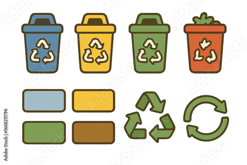 Colorful Recycling Bins. Flat vector mini-illustrations Recycling bins and labels in colors children's