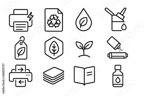 Eco-friendly Printing Icons. Outline icon set of low-emission printing: energy-efficient printer, recycled