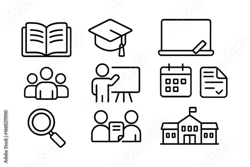 Education Icon Set. Outline icon set of education collaboration: open book, graduation cap, whiteboard, chalk,