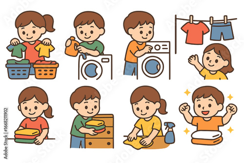 Laundry Day Steps. Flat vector mini-illustrations Laundry day steps in colors children's illustrations: