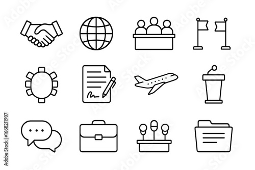 Economic Summit Icons. Outline icon set of economic summit icons: handshake, globe, delegates, flags,