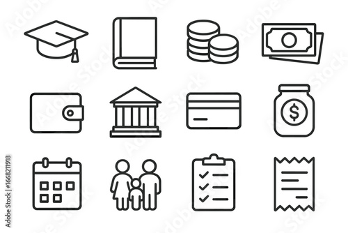 Education Cost Icons. Outline icon set of helping with education costs: graduation cap, book, coins, banknotes