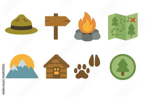 National Park Adventure Icons. Flat vector mini-illustrations National park adventures in colors children's