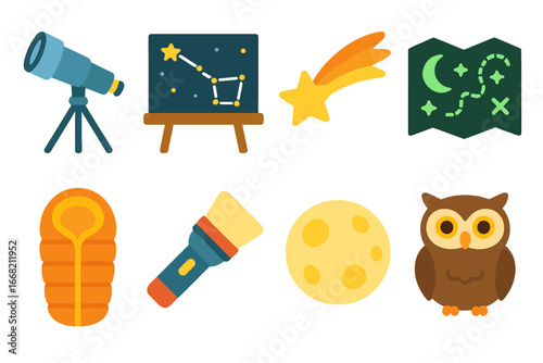 Stargazing Adventure Icons. Flat vector mini-illustrations Stargazing and night nature trips in colors