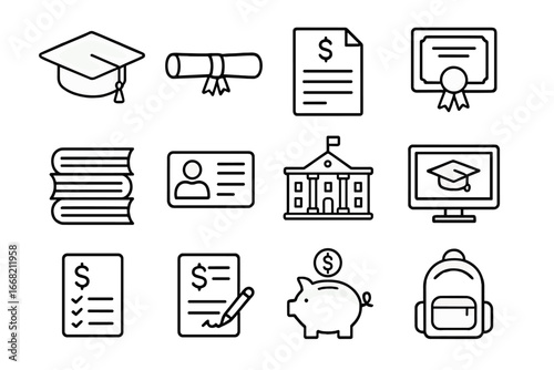 Education Costs Icons. Outline icon set of higher education costs: graduation cap, diploma, tuition bill,
