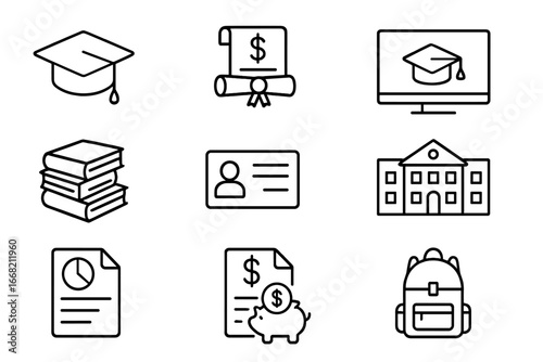 Education Costs Icons. Outline icon set of higher education costs: graduation cap, diploma, tuition bill,