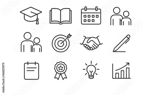 Educational Icons Set. Outline icon set of educational guidance: graduation cap, open book, calendar, mentor