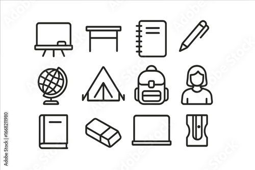 Educational Icon Set. Outline icon set of education in camps: chalkboard, desk, notebook, pen, globe, school
