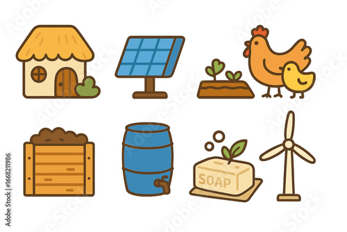 Eco Village Icons. Flat vector mini-illustrations Eco village visit in colors children's illustrations: