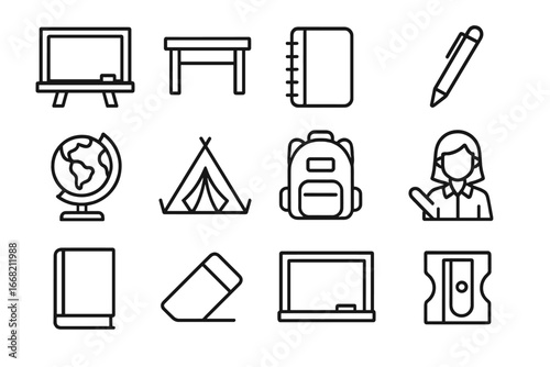 Educational Icon Set. Outline icon set of education in camps: chalkboard, desk, notebook, pen, globe, school