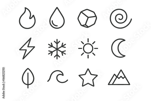 Elemental Magic Icons. Outline icon set of elemental magic symbols: fire flame, water droplet, earth stone,