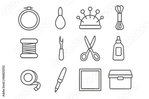Embroidery Accessories Icons. Outline icon set of embroidery accessories: hoop, needle threader, pin cushion,