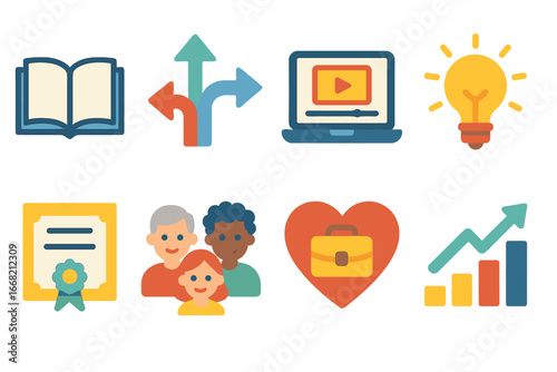 Career Change Icons. Flat vector mini-illustrations Career changes at any age in colors children's