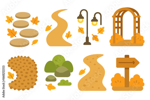 Autumn Garden Pathways. Flat vector mini-illustrations Outdoor garden paths in autumn in colors children's