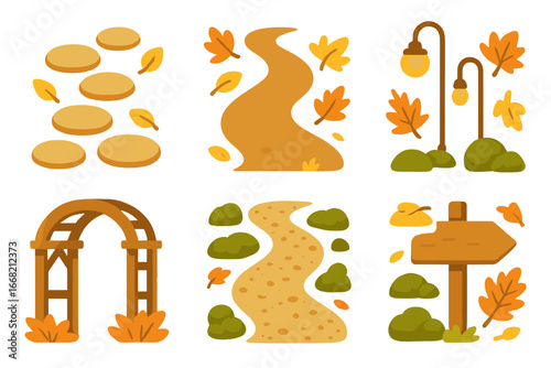 Autumn Garden Pathways. Flat vector mini-illustrations Outdoor garden paths in autumn in colors children's
