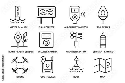 Environmental Monitoring Icons. Outline icon set of environmental monitoring near hydropower: water quality