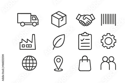 Ethical Supply Chain Icons. Outline icon set of ethical supply chain: delivery truck, box, handshake, barcode,