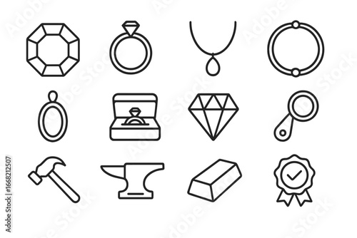 Ethical Jewelry Icons. Outline icon set of ethical jewelry and fair trade craftsmanship: gemstone, ring,