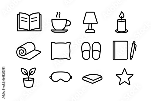 Evening Relaxation Icons. Outline icon set of evening wind-down routines: book, tea cup, lamp, candle, blanket