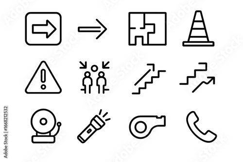 Evacuation Signage Icons. Outline icon set of evacuation signage: exit sign, arrow, floor map, caution cone,
